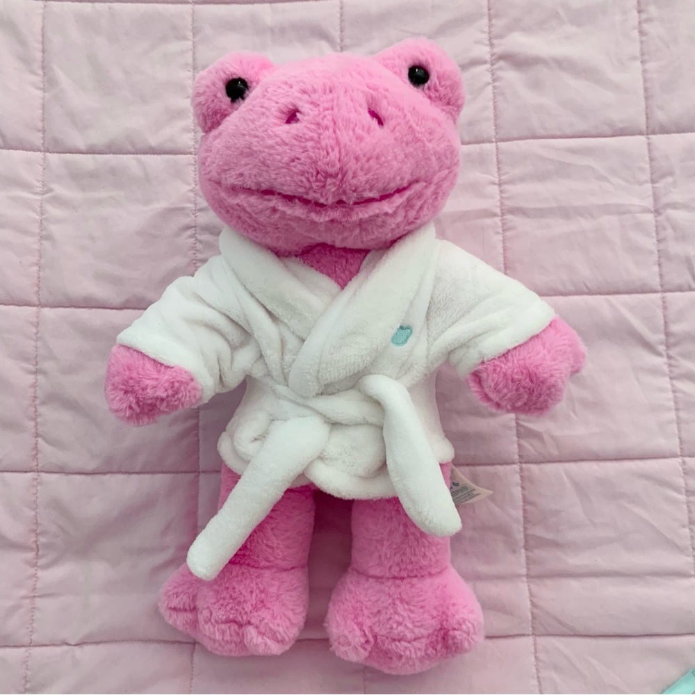 Brand New Build A Bear Spring Pink Stuffed Frog 16” With Exclusive Spa Robe Set